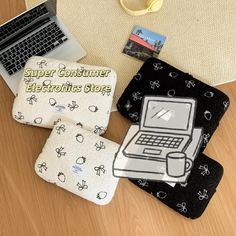 Custodia per laptop in peluche con fiocco a forma di fragola – Custodia universale da 13/14 pollici per MacBook Air/Pro, HP e iPad da 11 pollici, protezione morbida foderata
