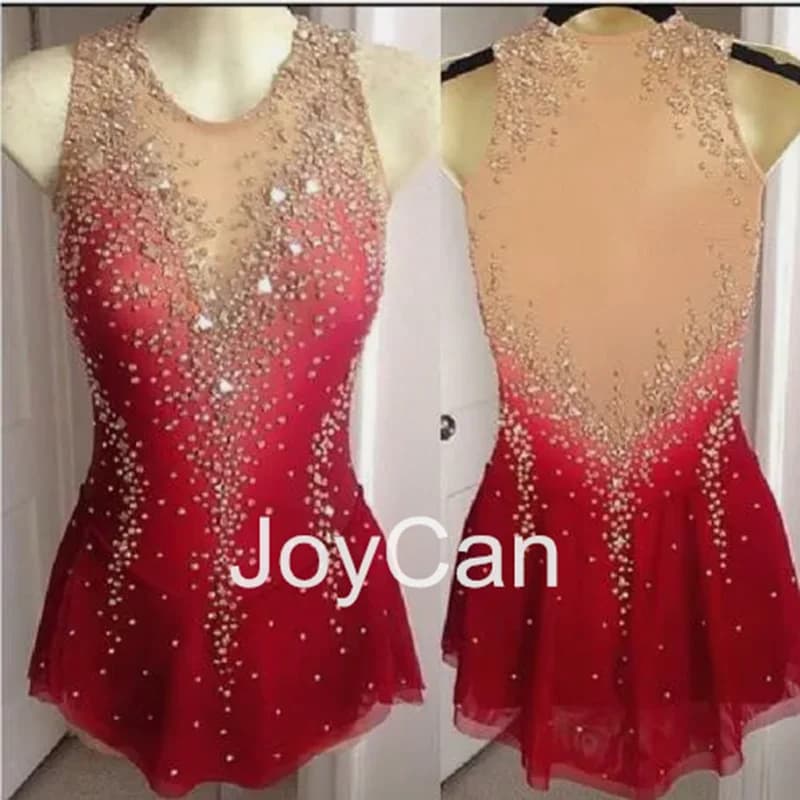 JoyCan Ice Figure Skating Dress Girls Red Spandex elasticizzato Mesh Competition Dance Wear personalizzato