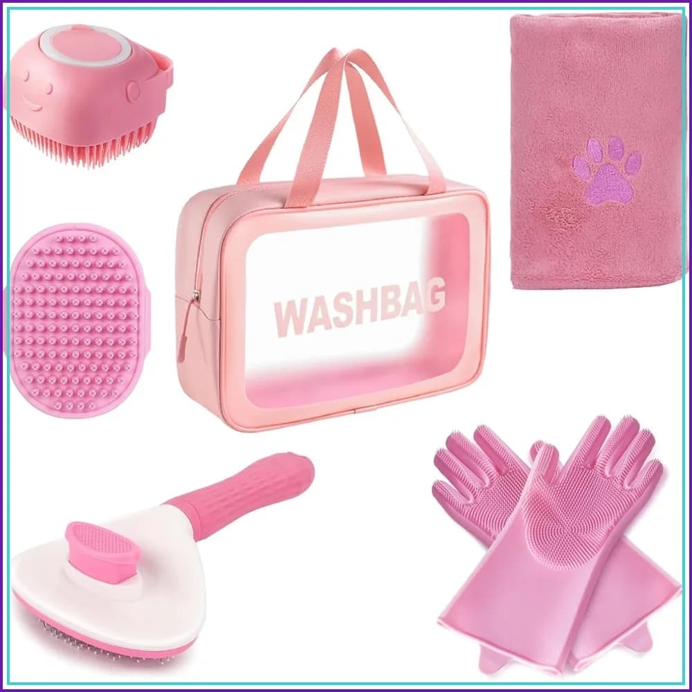 6PCS Dog Washing Kit: Brush, Shampoo Brush, Bath Scrubber, Washing Gloves, 39.7"x20.5" Towel & Bag
