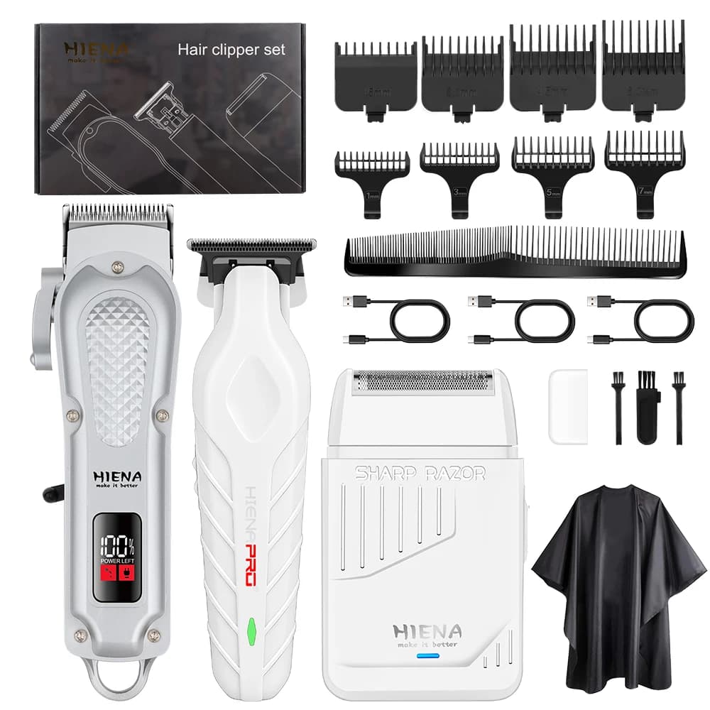 Kit 3-in-1 HIENA per Taglio Capelli, Rifinitura e Rasatura, Set da Barbiere Senza Fili con Display LCD, Strumenti di Cura Ricaricabili USB