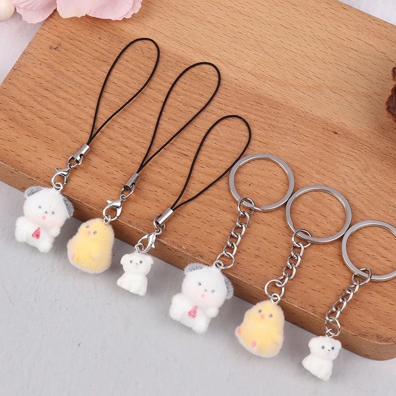 Simpatico cucciolo di floccaggio portachiavi cartone animato cucciolo di cane catena del telefono auricolare custodia ciondolo cordino zaino borsa Decor portachiavi auto