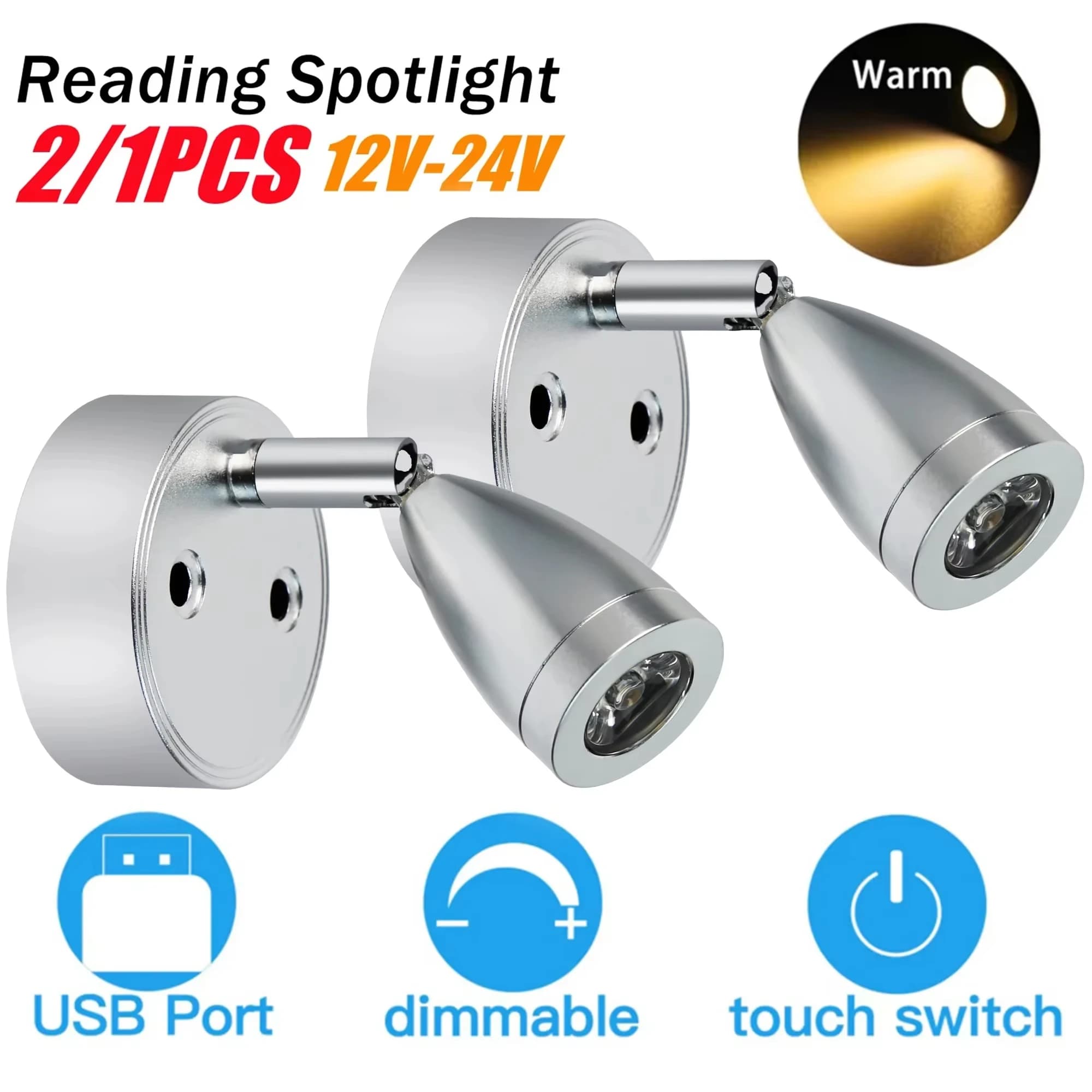 2/1PCS DC 12-24V Interni auto LED Lettura Spot Luce RV Barca Caravan Camper Lampada da parete da comodino