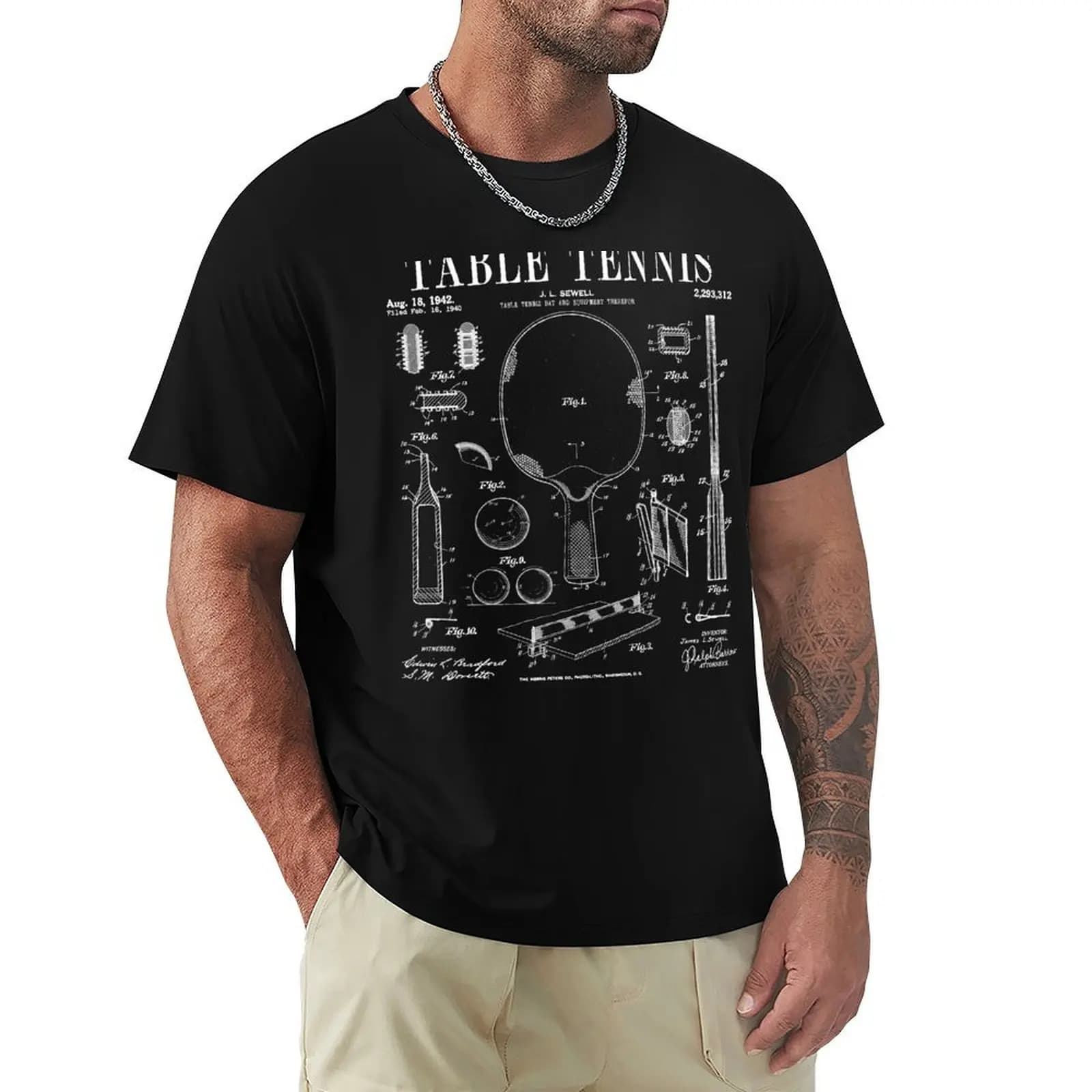Table Tennis Ping Pong Old Vintage Patent Drawing Print T-Shirt man t shirts for men casual T-Shirt