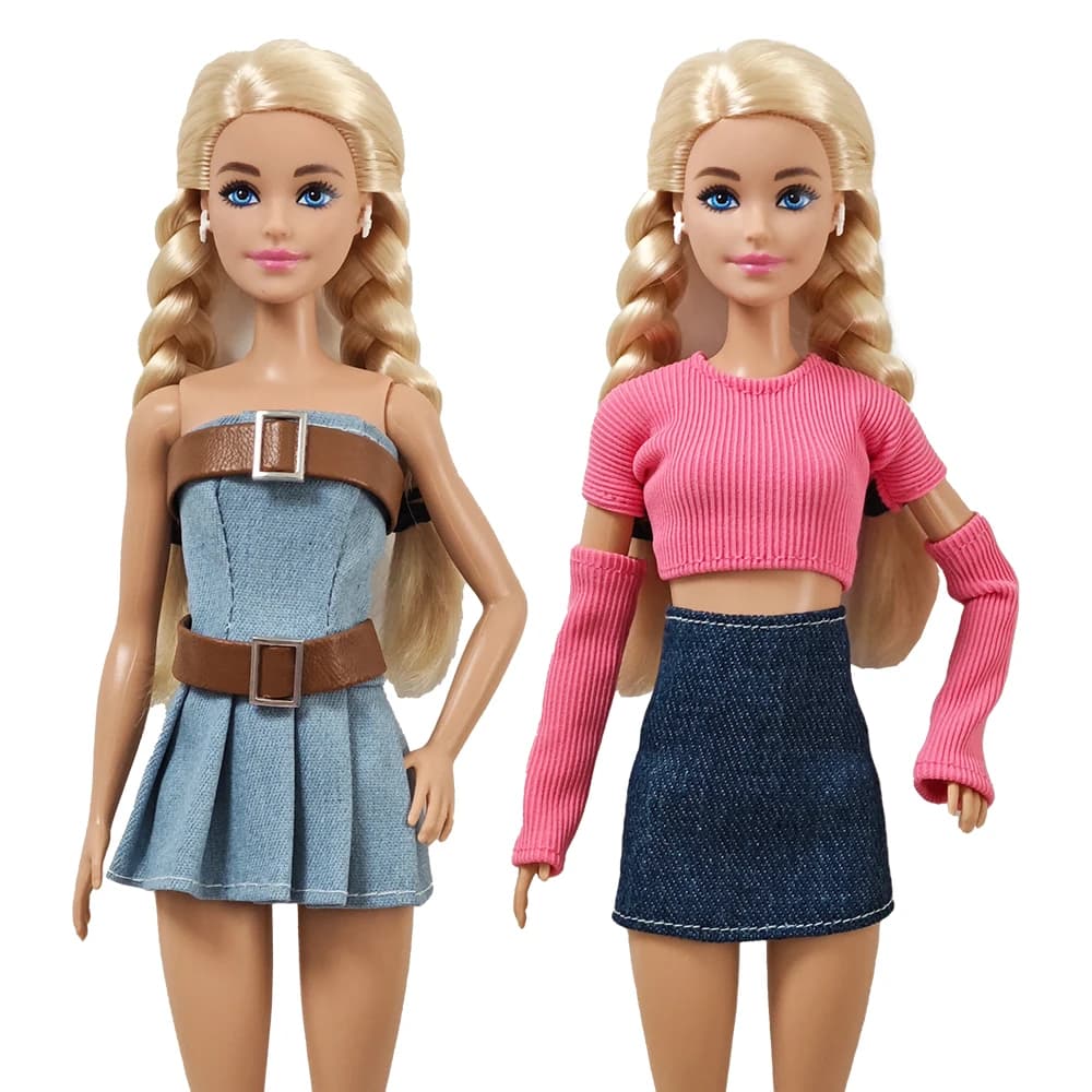 Abbigliamento per bambole 30 cm 1/6 Gonna in denim con fibbia in pelle top rosa Abbigliamento quotidiano Accessori Vestiti per bambola Barbie
