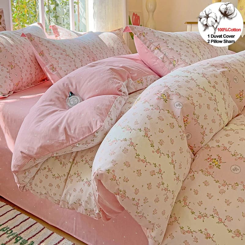 100% Cotton Cover Set - 1 Cover + 2 Loyalty, Ultra Soft Breathable Resistant to Change, Set Bed Linen with Floral Print