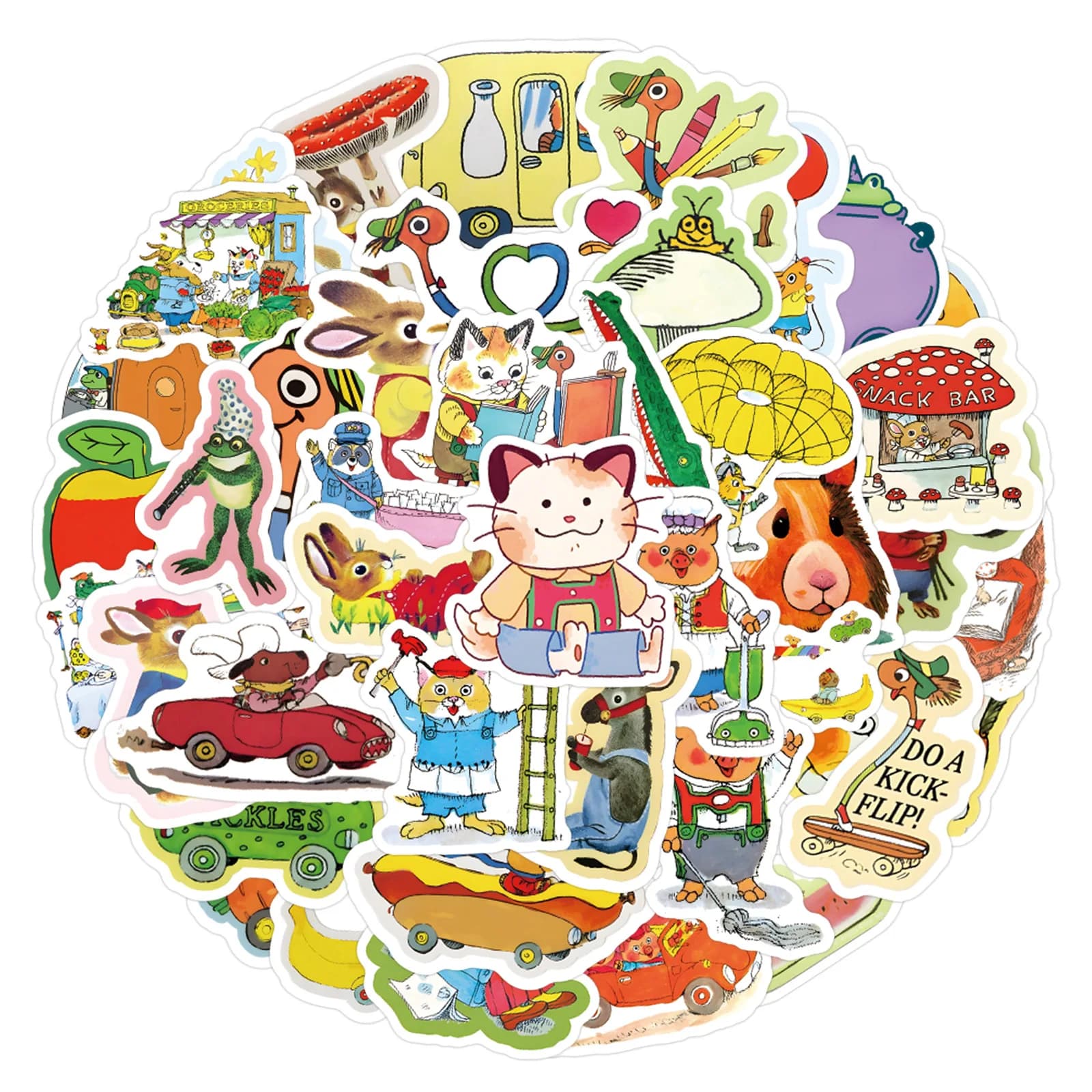 60 Pezzi Nuovi Adesivi Graffiti Richard Scarry per Quaderni, Valigie e Fumetti