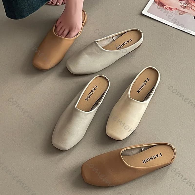 Comemore Retro Square Head Baotou Half Slippers Female Spring Summer Outside Wear Soft Leather Casual Solid Flat Mules Slides