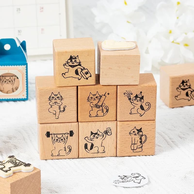 Cute Sporting Cat Wood Stamp Set for Junk Journaling Card Making Scrapbooking - DIY Cartoon Cat Stamping Craft Supplies