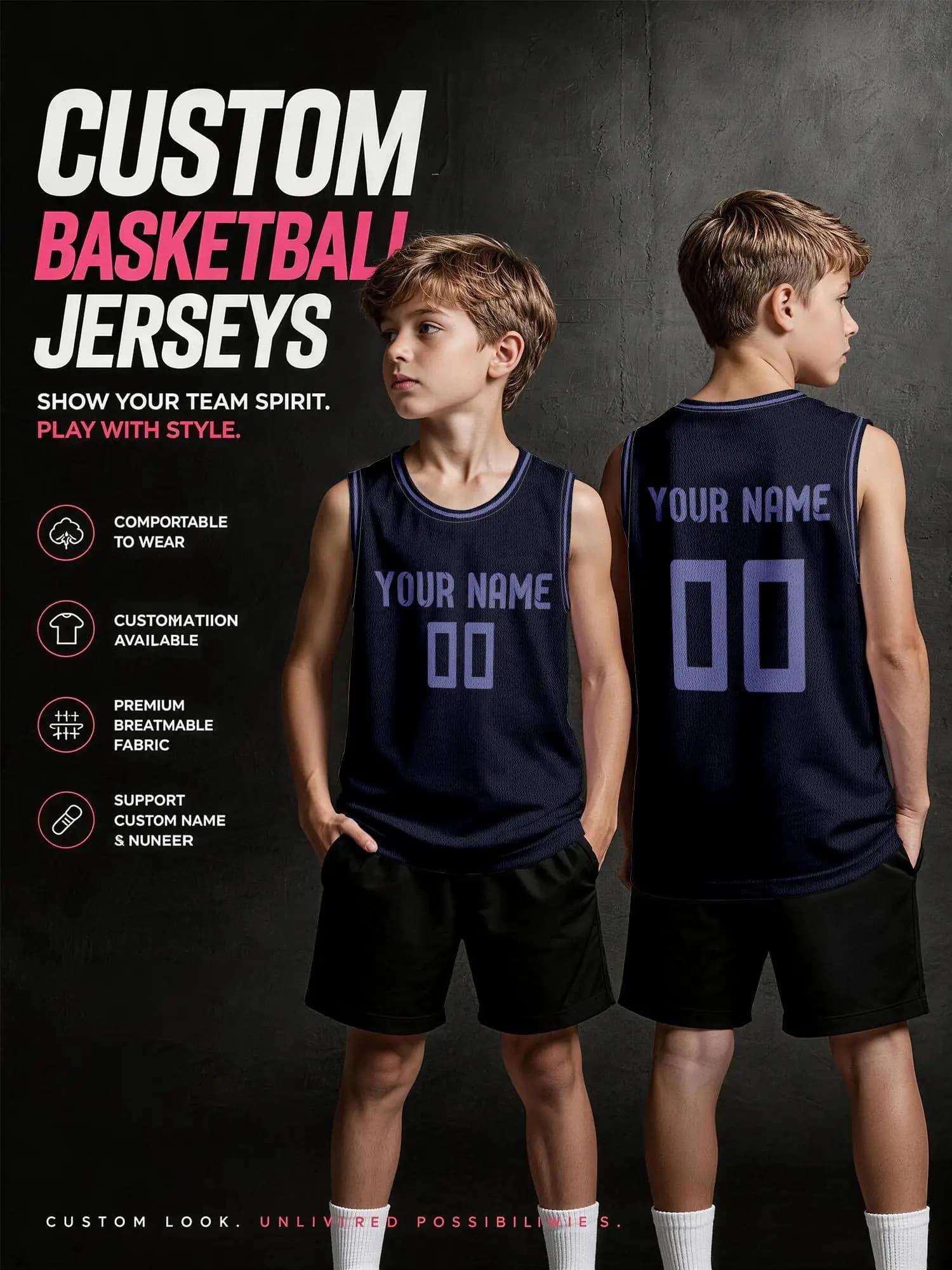 Navy‑Blue Light Purple Trim Custom Basketball Jersey Set, Adults Kids Name Number Print Quick‑Dry Uniform