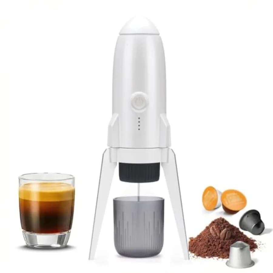 Portable Electric Espresso Machine for Camping Hiking: Bright White, Stainless Steel, 3-in-1 Self-Heating with Ground Coffee Ca