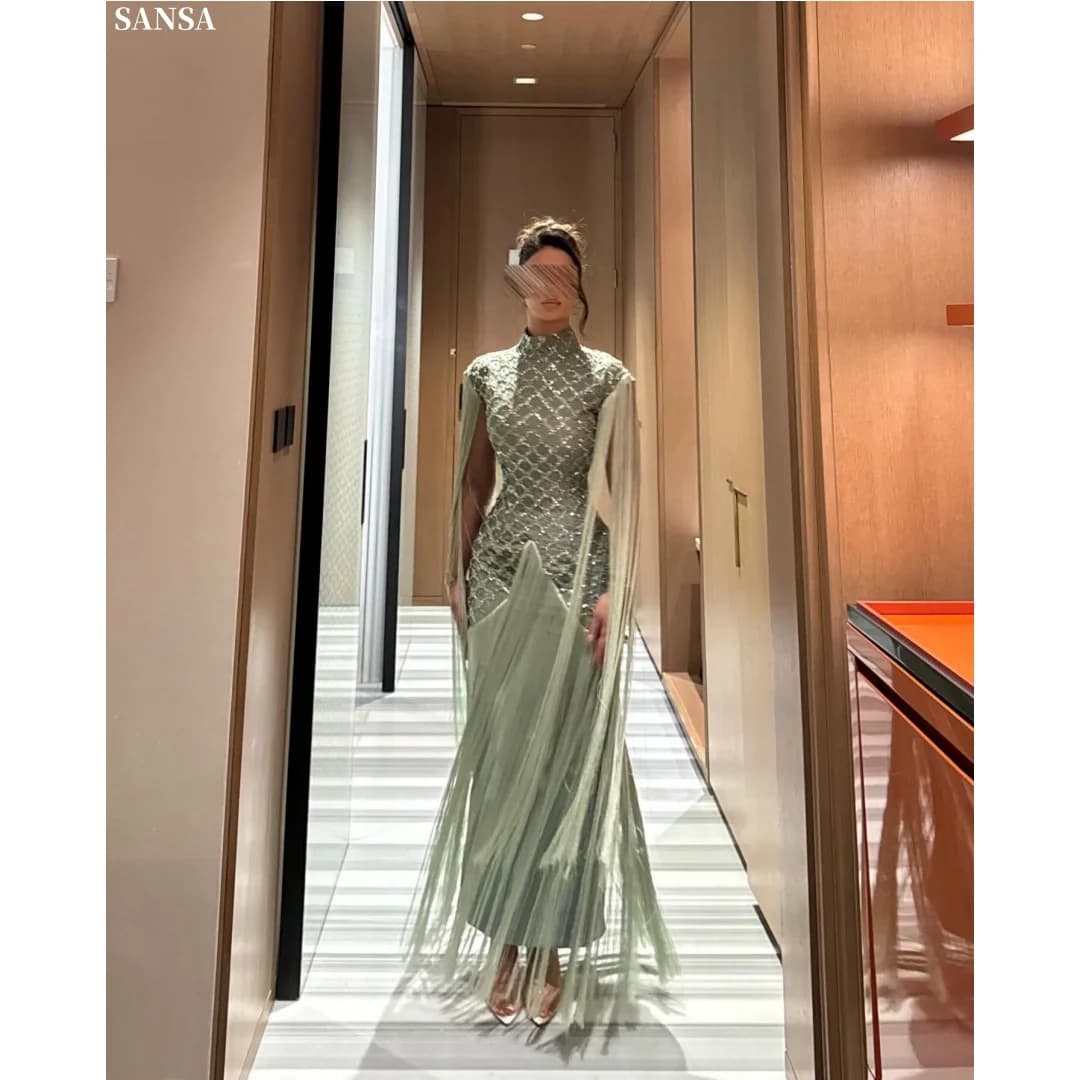 Sansa Customized Elegant Sage Green Tulle Formal Dresses High Neck Lace Applique Tassel Evening Gowns Vestidos De Noche 2026