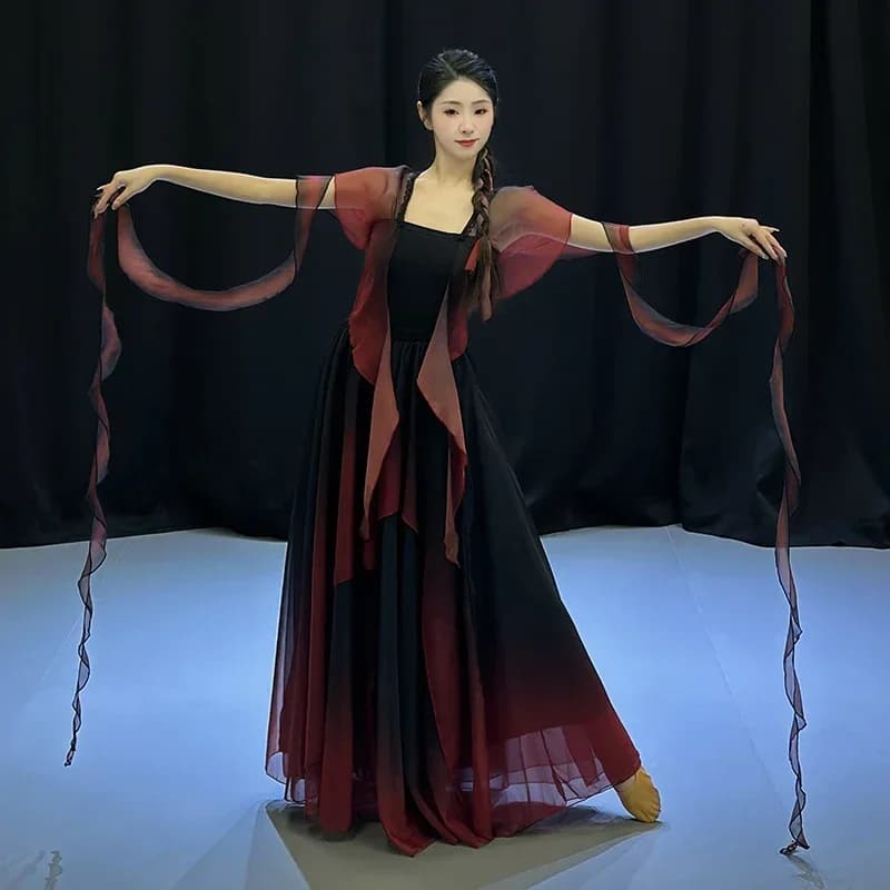 Garza da danza classica, abito da ballo in stile nazionale da donna nero e rosso, gonna a pendolo a doppio strato a 360 gradi, abito di seta