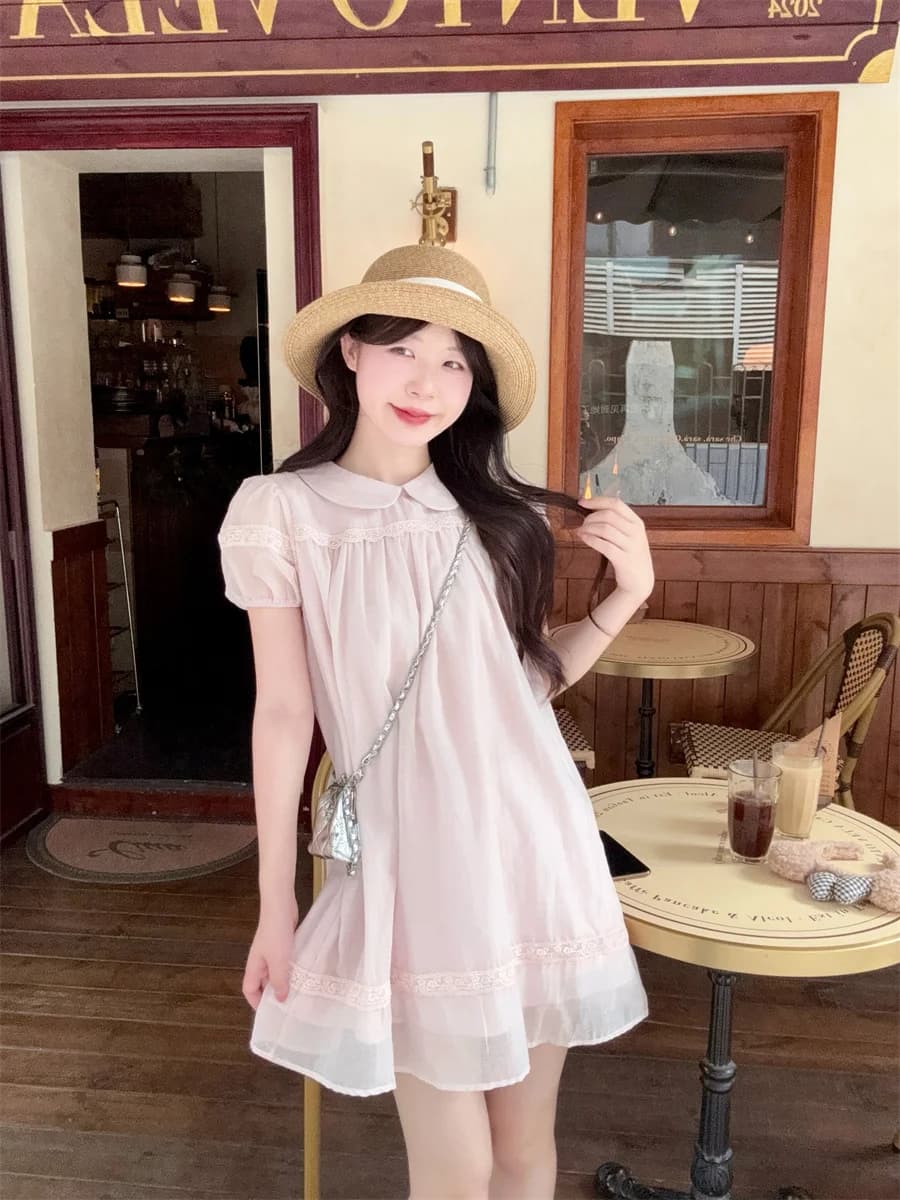 Pink Doll Collar Bubble Sleeve Dress Women's Summer Gentle Style Loose Slimming Short Dress Korean Style Lace Splice A-Line S...