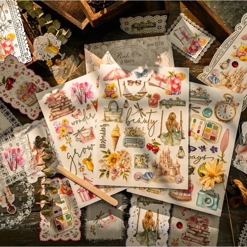 Adesivi per trasferimento ragazze estetici estivi Simpatici libri di gelato e bevande Rub-On per il diario spazzatura di scrapbooking