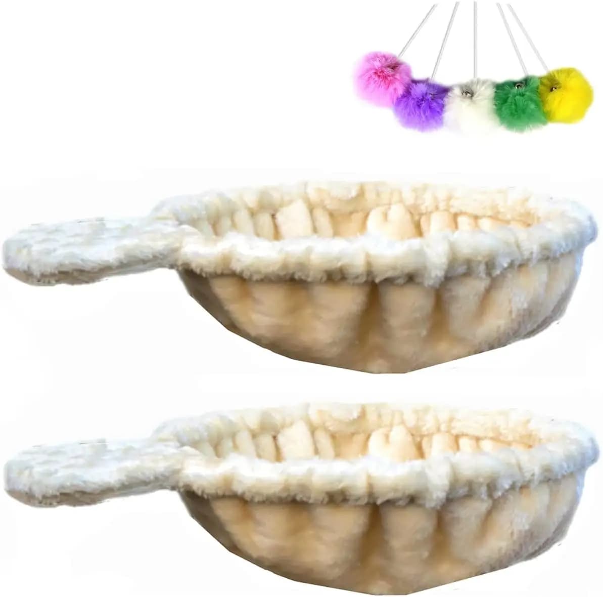 Set da 2 Cesti Letto Amaca di Ricambio Beige Grandi da 37 cm per Tiragraffi, con 5 Giocattoli a Pompon Sospesi con Elastico