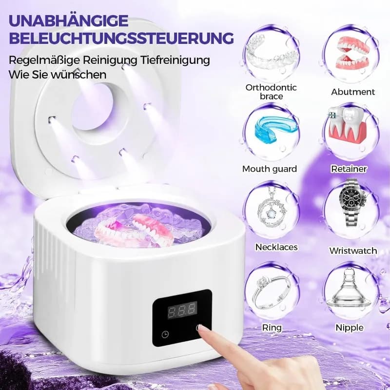 Macchina per la Pulizia di Apparecchi Ortodontici a Ultrasuoni 50KHZ Ricaricabile USB, Pulitore Multifunzione per Retainer Invisibili e Protesi per l'Igiene Orale