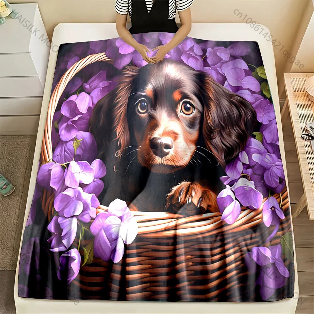 Cocker Spaniel inglese in un cesto di fiori Coperta con stampa Materiale in flanella Morbido caldo per tutte le stagioni Picnic da campeggio all'aperto a casa
