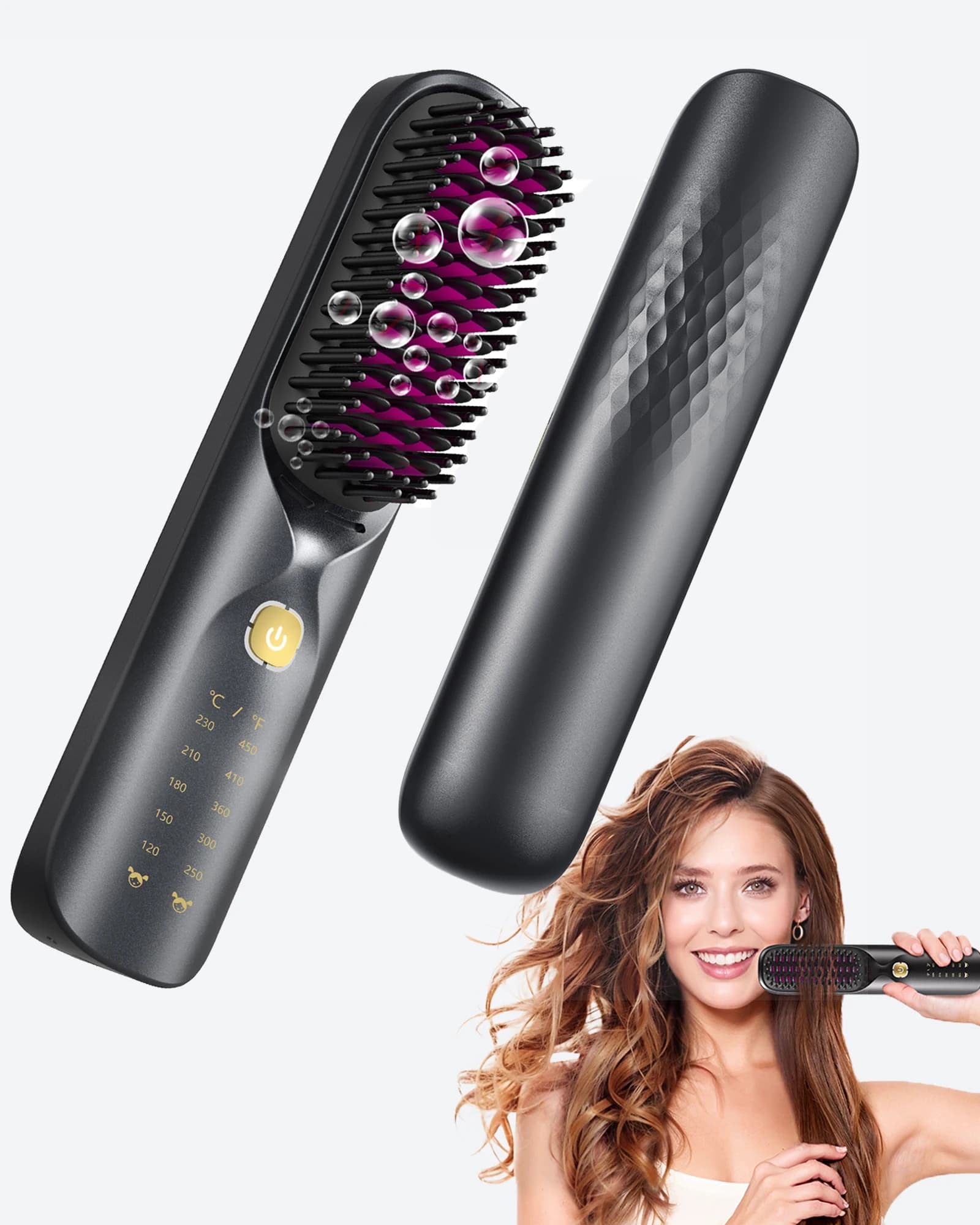 Pettine e bigodino per capelli lisci 2 in 1 senza fili Batteria da 10000 mAh Ioni negativi Ricarica USB 30 secondi di riscaldamento Spazzola per lo styling adatta ai viaggi