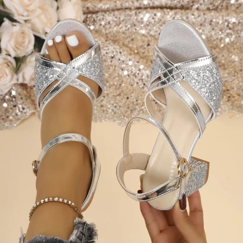 Sandali da Donna con Tacco Largo Dorati Scintillanti con Cinturini Incrociati e Fibbia alla Caviglia, Punta Aperta, Eleganti per Cerimonie, Matrimoni e Feste 2026