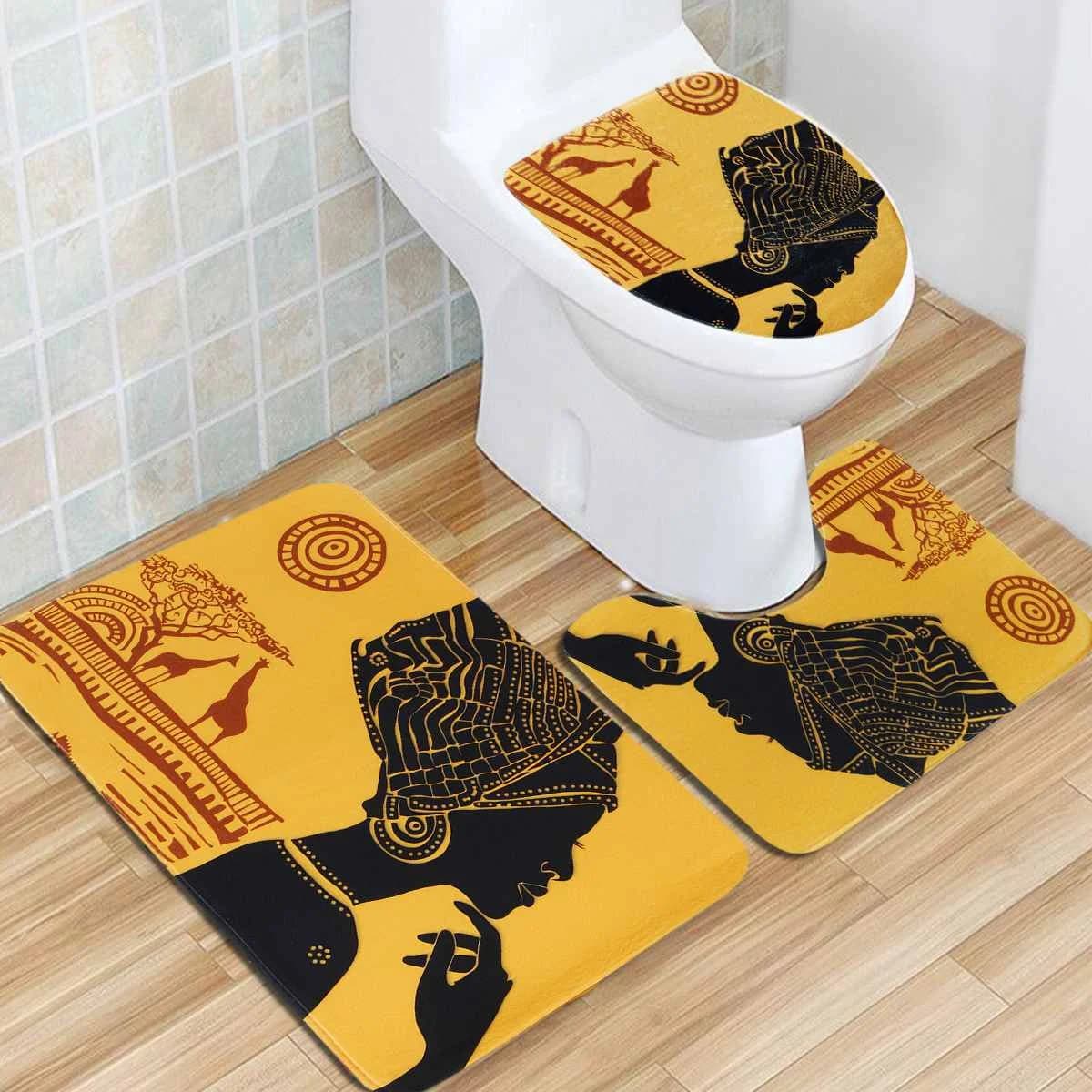 4 pz/set Tenda Da Doccia Tappetino Da Bagno Set Donna Africana Modello Piedistallo Tappetino antiscivolo Tende Da Bagno Tappeto Coperchio Copriwater