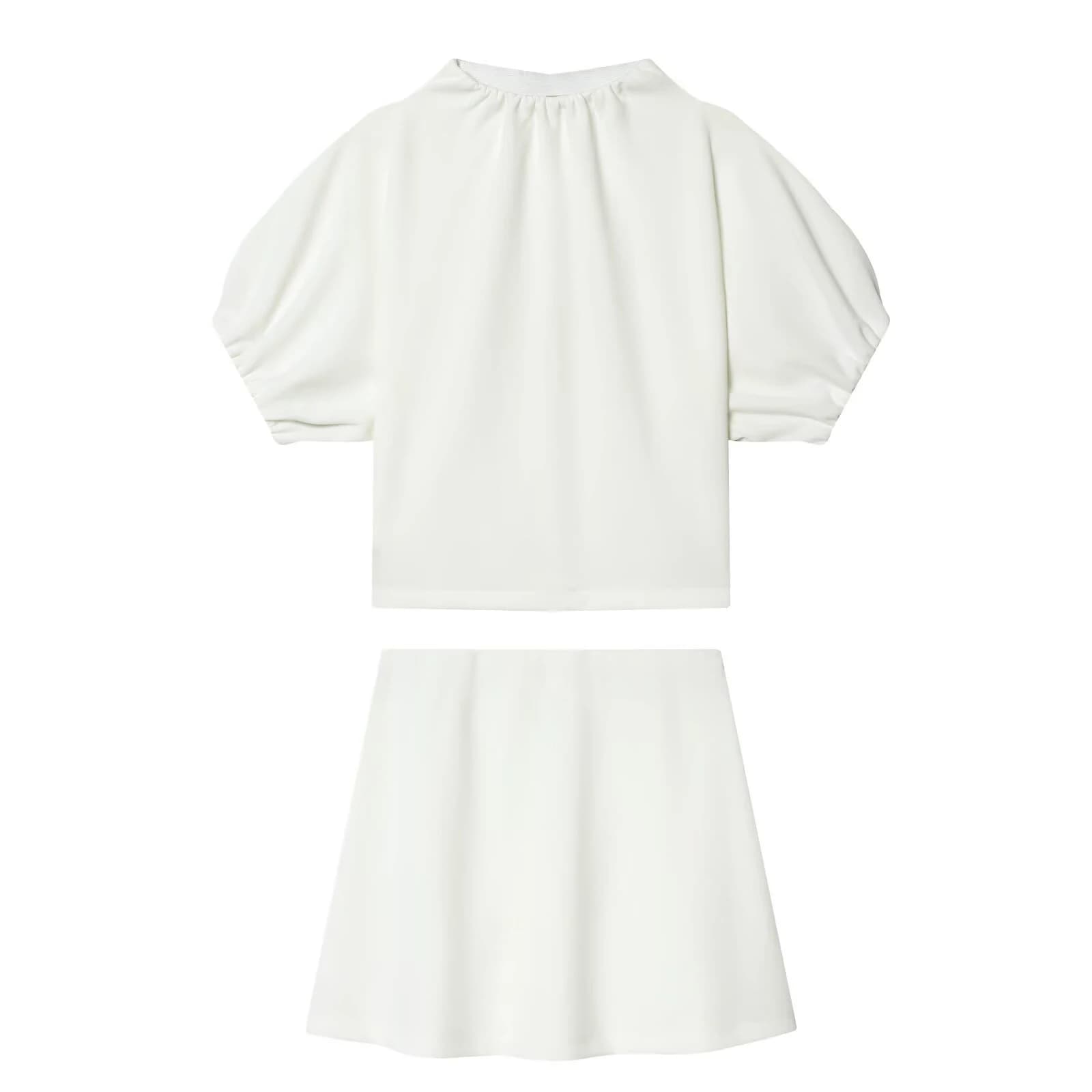 Summer women's new round neck fashionable bubble short sleeved pleated top elastic waist mini skirt set