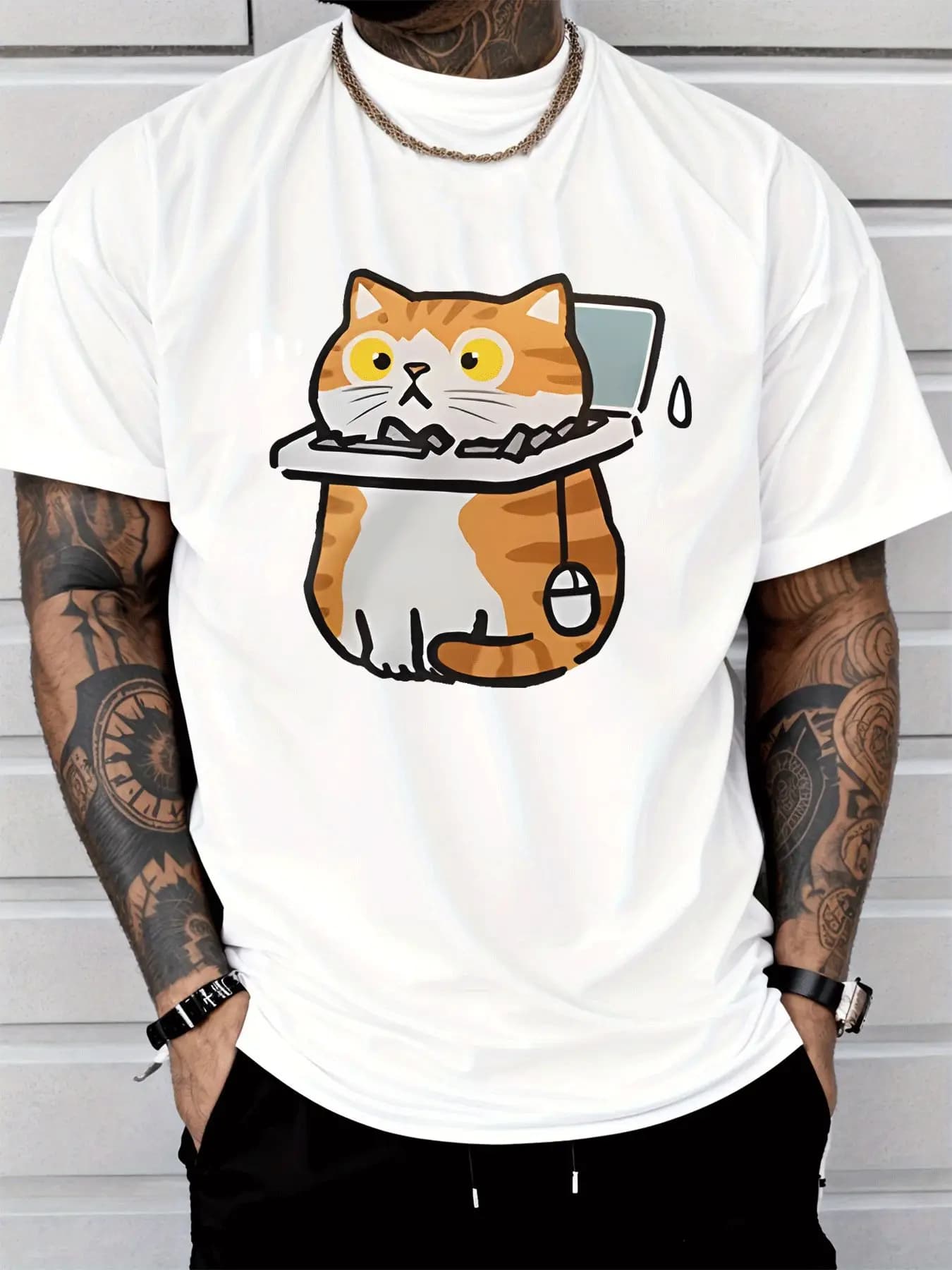 Cute Orange Cat Using Laptop Mens Front Print T Shirt Funny Work Cat Graphic Tee Casual Short Sleeve Top Cat Pet Lover Gift