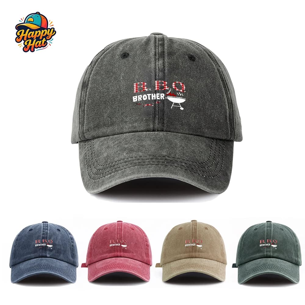Vintage Washed BBQ Brother Print Baseball Cap, Casual Sun Hat for Men Women Outdoor Summer Beach Daily Wear
