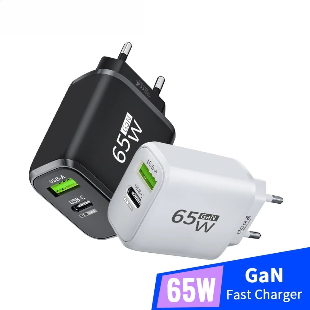 Caricatore USB C GaN da 65W, caricatore rapido da parete per cellulari, adattatore per iPhone, Xiaomi, Samsung, Huawei, con spina EU/US, caricatore da viaggio.
