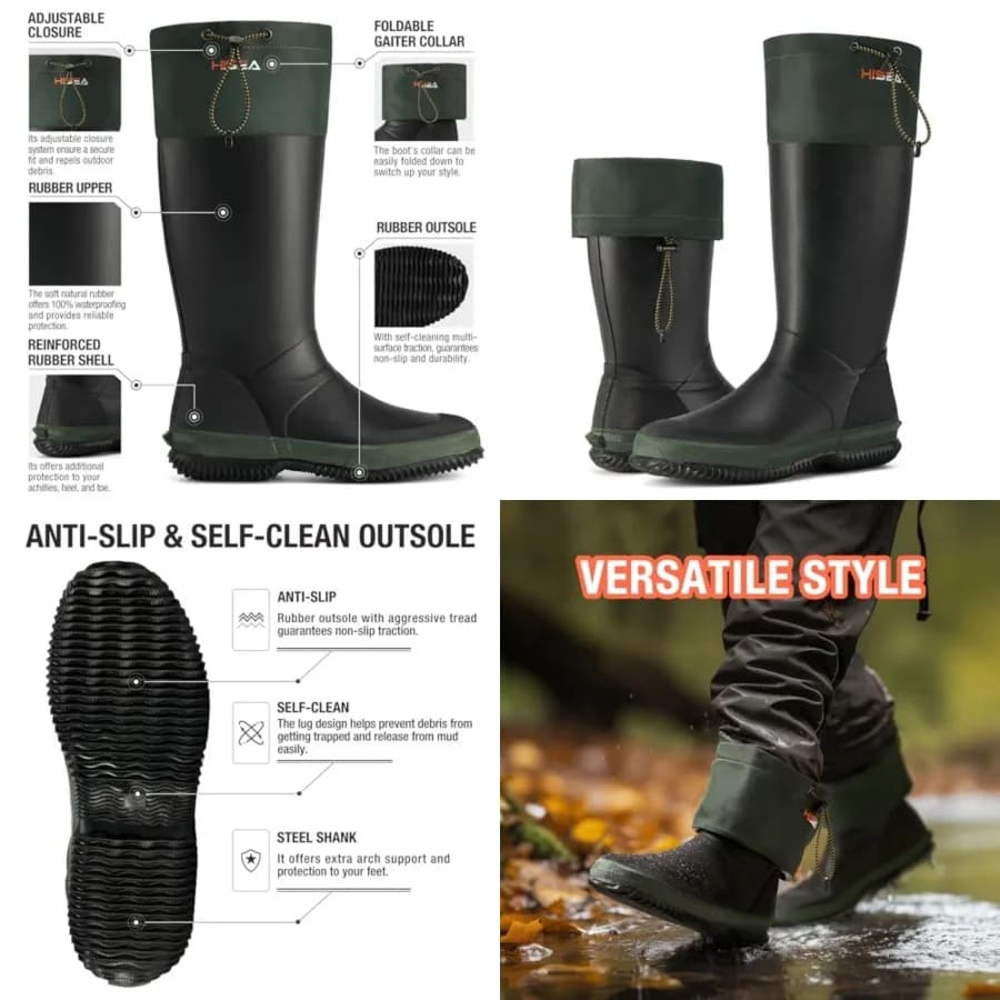 HISEA Men's Rubber Rain Boots, Waterproof Lightweight Mud Boots with Adjustable Gaiter Collar, Comfortable Tall Garden Shoes fo