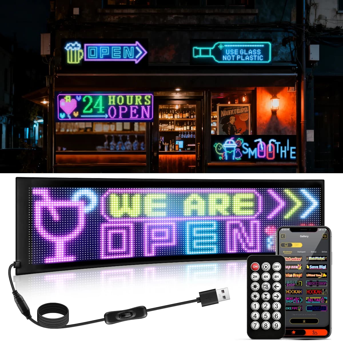 Pixel Matrix LED Panel with Intelligent APP Control, Flexible, Custom Text Animation, 16x96 32x128 LED, USB Powered, Auto Advertising Display