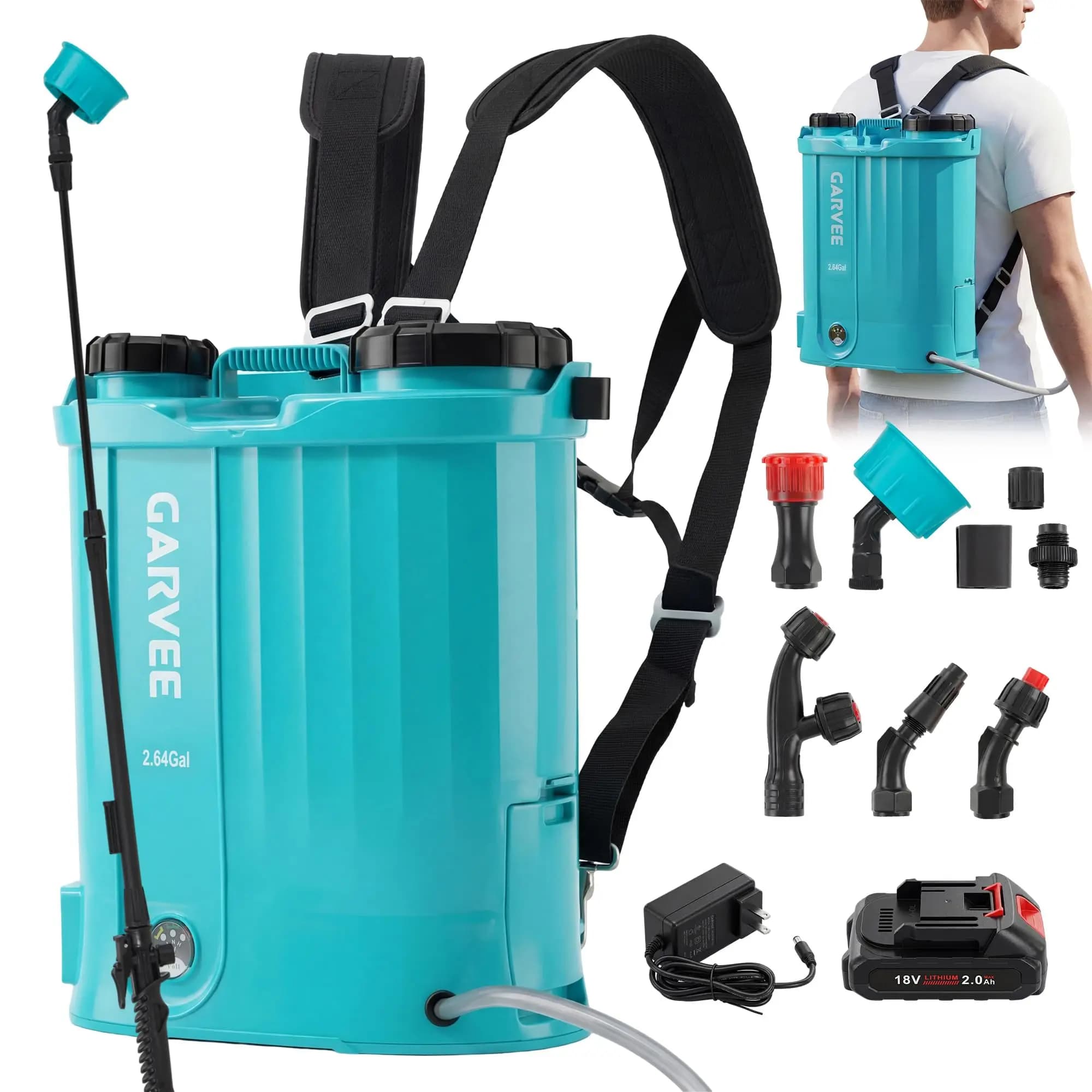 Spruzzatore a Zaino a Batteria da 2.64/3.17/4.23 Galloni, Spruzzatore Elettrico da Giardino 18V, Pompa Regolabile 0-65 PSI con 5 Ugelli