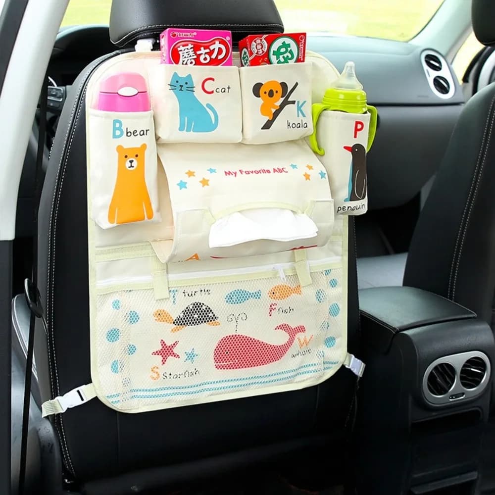 Organizzatore per Sedile Posteriore Auto con Disegni Cartoon, Borsa Portaoggetti e Portafazzoletti per Bambini, Accessori Essenziali per Viaggi in Auto