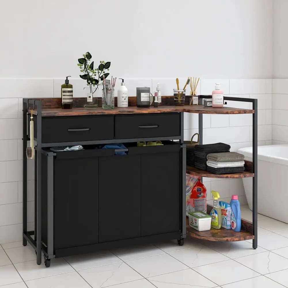 Basket of L-holder with 3 removable parts and wheels, 3-level shelf, Organizer for Bucato