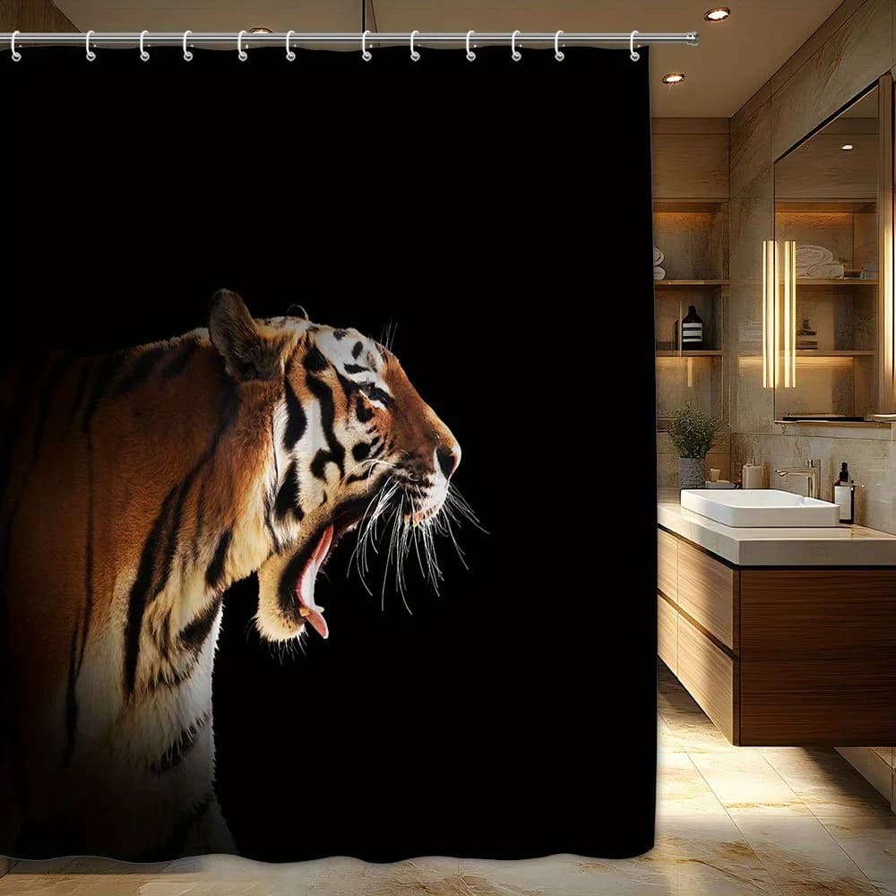 Tenda da doccia Majestosa tigre del Bengala da 1 pezzo - Drammatico tigre arancione dorata con strisce nere audace su sfondo nero, 180x180 cm