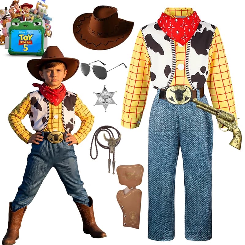 Toy Story 5 Woody CowBoy Costume for Kids Boys 4 Piece Top+Pants+Scarf+Belt Sets for Halloween Birthday Cosplay Party Clothes