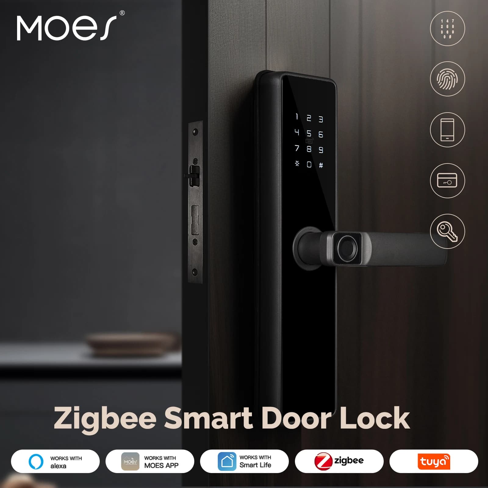 MOES Tuya ZigBee Smart Door Lock Password interna Impronta digitale Sblocco remoto Tastiera Allarme antimanomissione Alimentato a batteria Funziona con Alexa