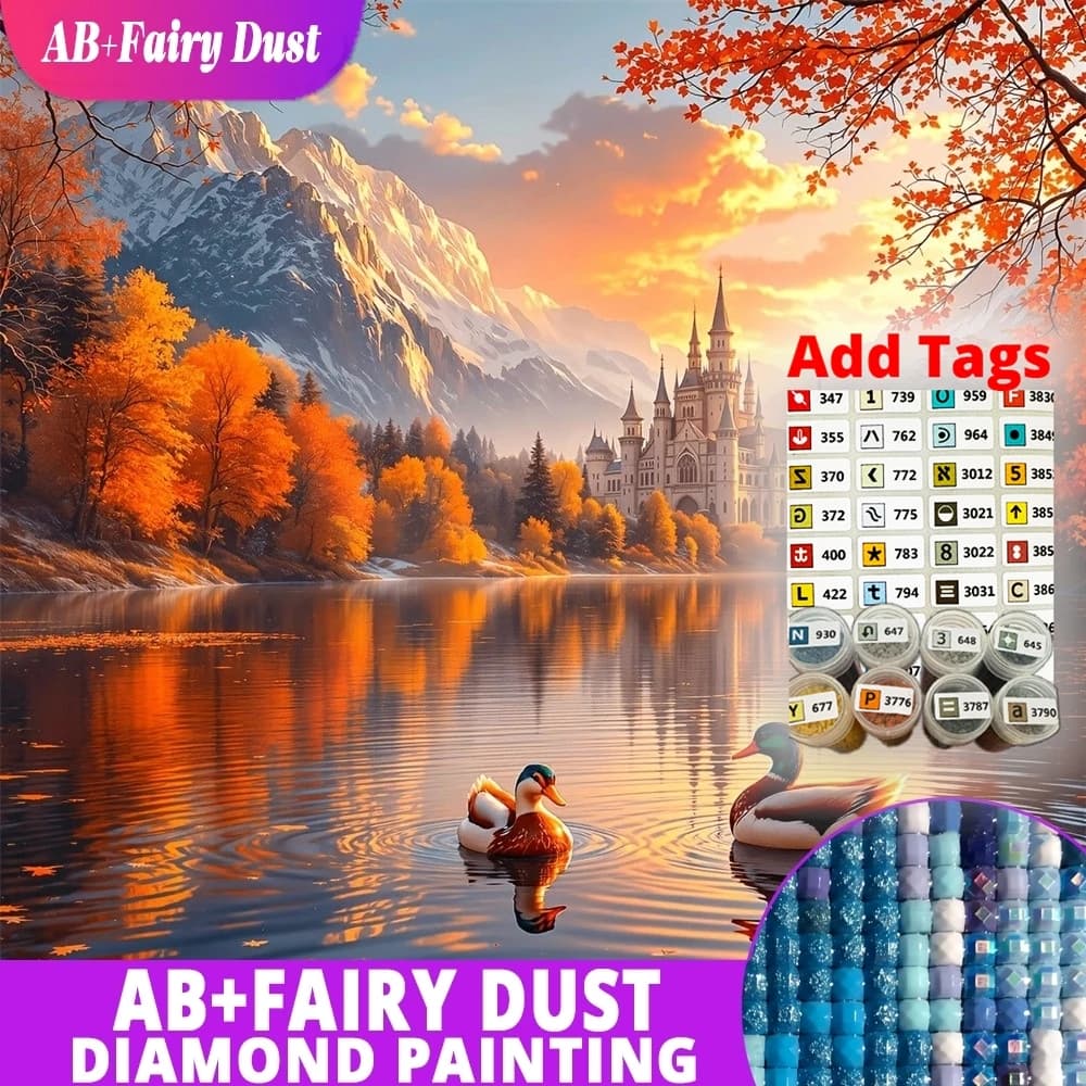 AB Fairy Dust DIY Diamond Painting Autumn Lake Swan Castle Mountain Landscape Full Square Round Mosaic Rhinestones Embroidery Wa