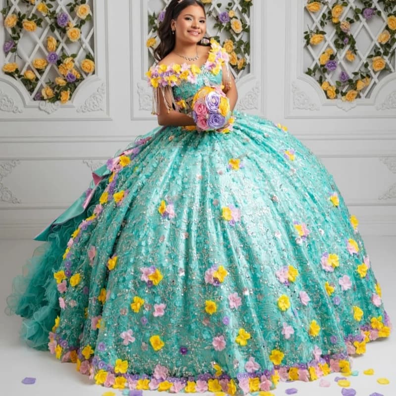 Abiti Quinceanera verdi lucidi con spalle scoperte Applique con paillettes Fiore che borda Tull a strati di cristallo Festa di compleanno Dolce 16