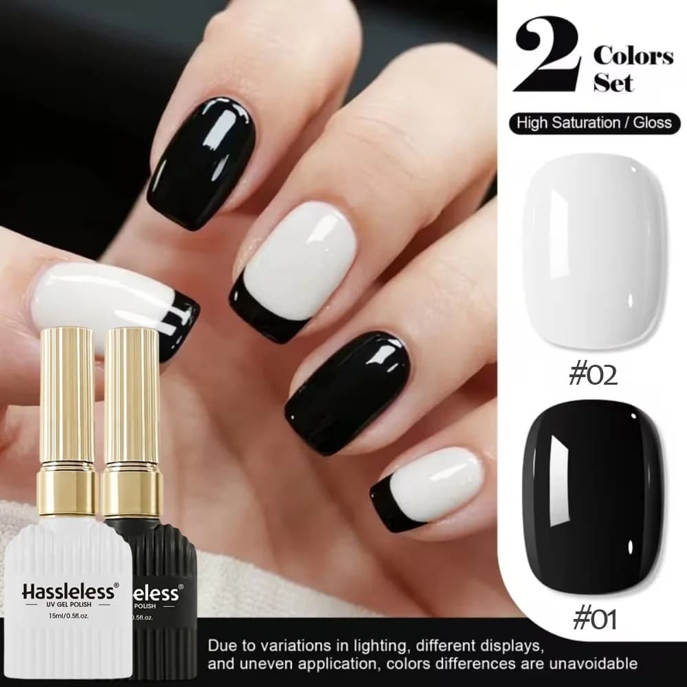 Hassleless 15ml Uv Led Gel Nail Polish 2Pcs Black White High Gloss Gel for Nail Art Painting French Tip Salon Home Manicure