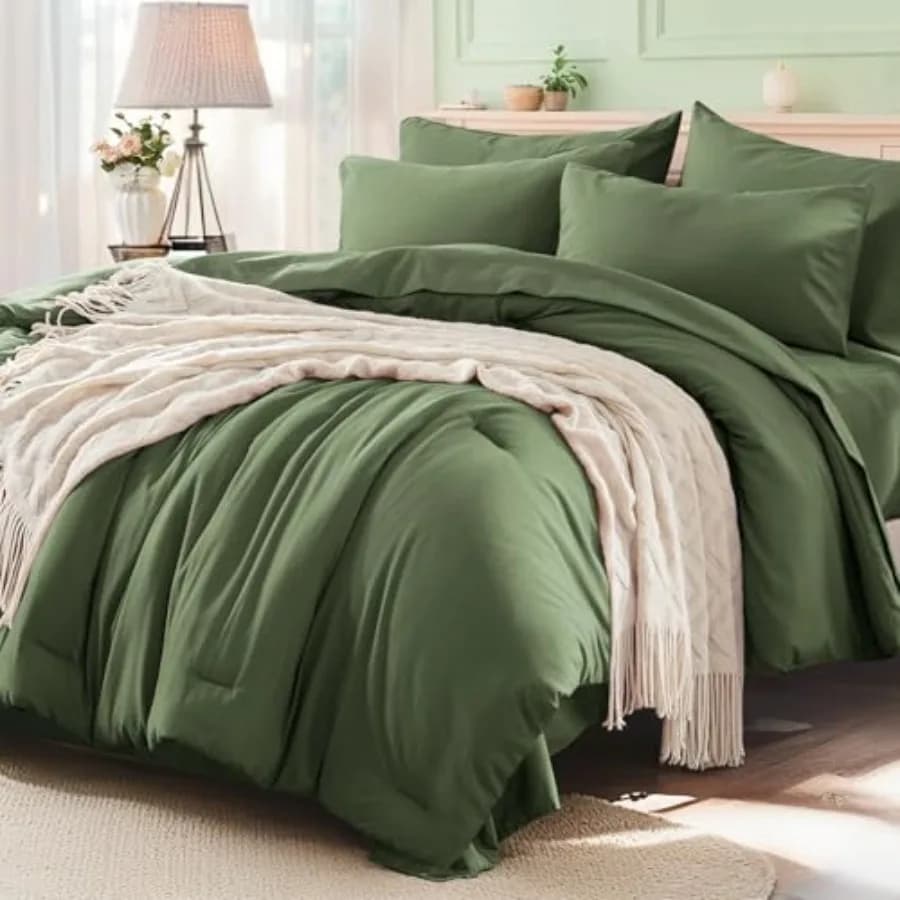 Set Copripiumino 7 Pezzi Verde Oliva, Set Biancheria da Letto con 1 Copripiumino, 2 Federe per Cuscini, 2 Federe per Guanciali, 1 Lenzuolo Piatto, 1 Federa