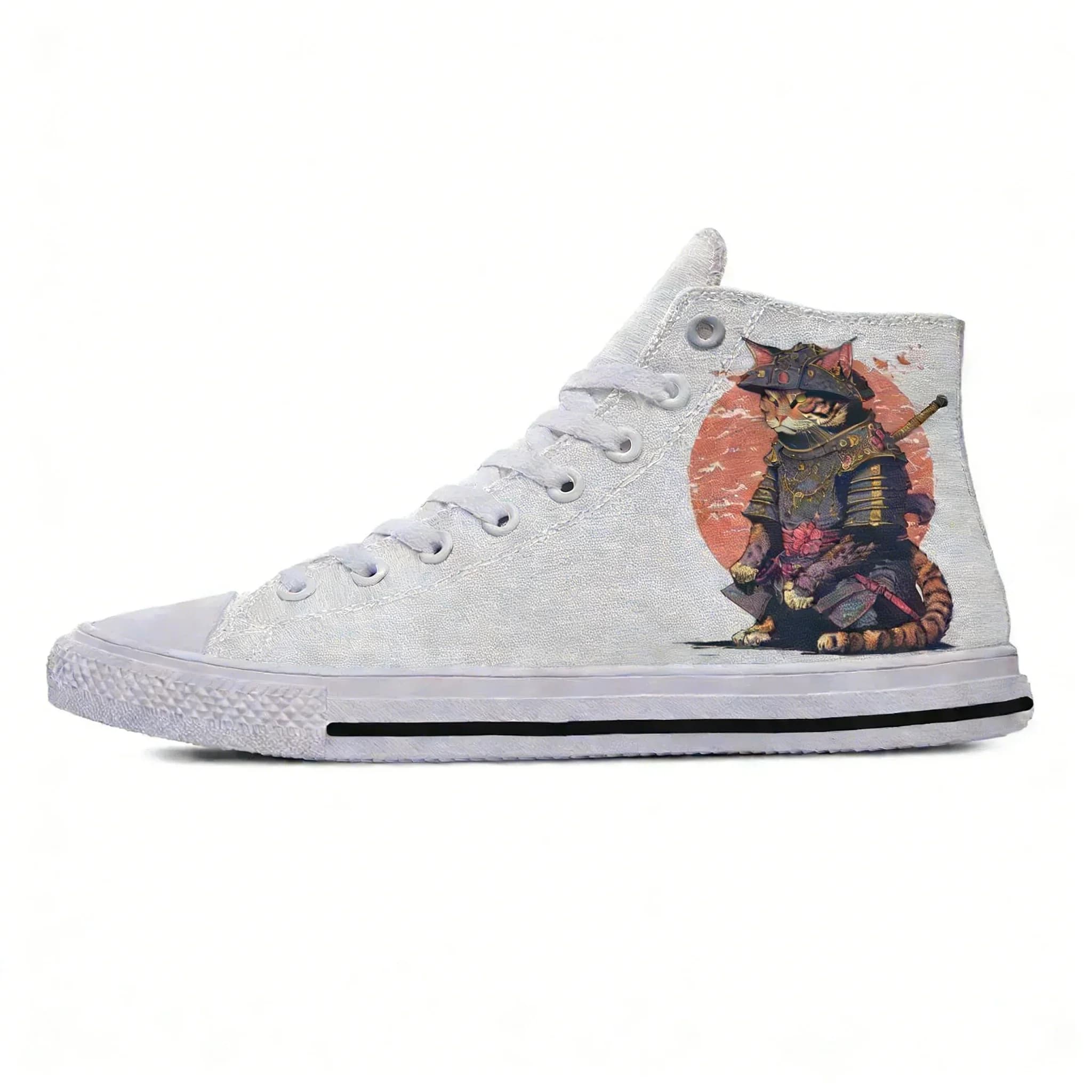 Sneakers alte con motivo gatto samurai giapponese, scarpe casual da uomo, donna e adolescente, scarpe da corsa in tela, scarpe leggere con stampa 3D