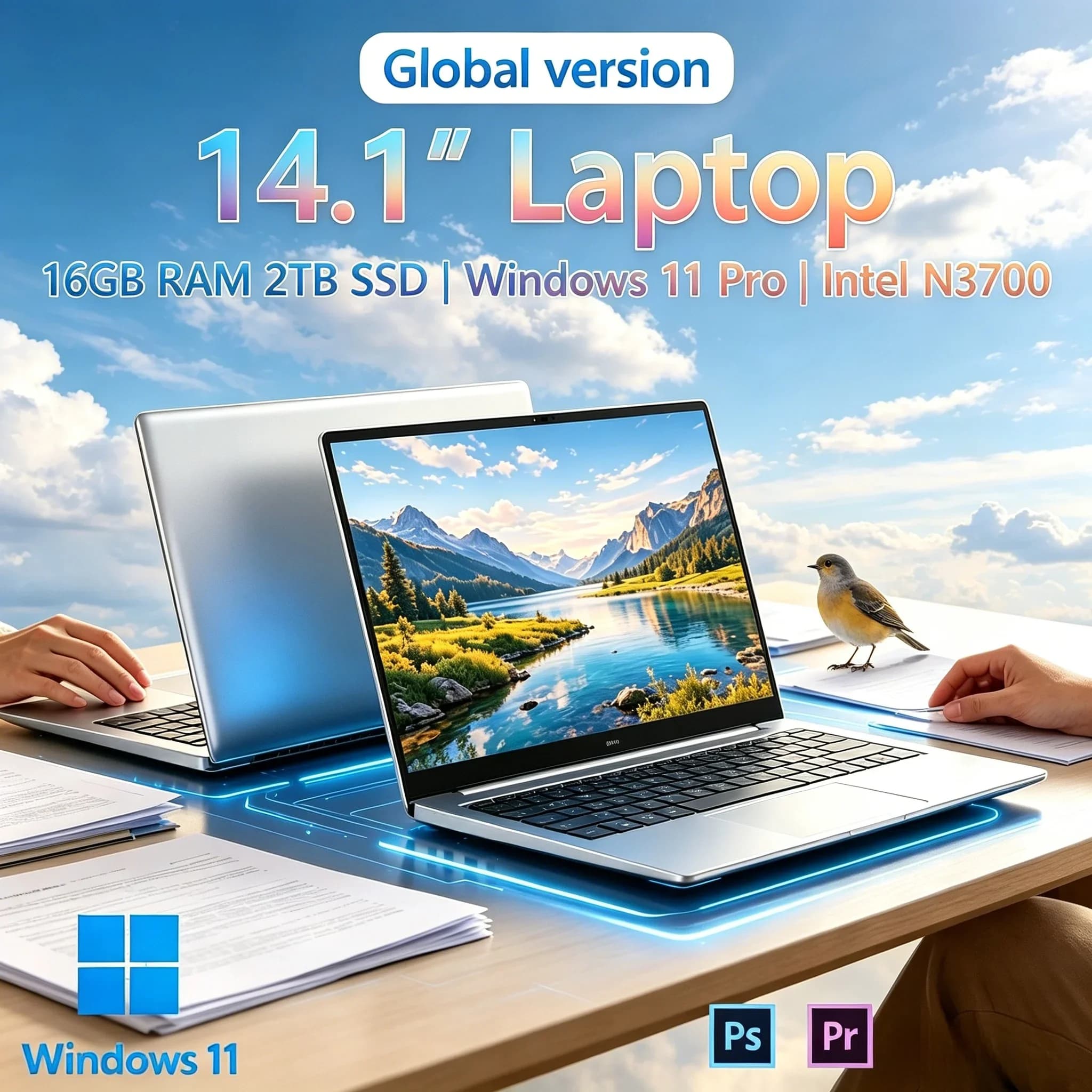 Laptop Ultra Sottile Full HD con Processore Intel N3700, 16GB di RAM, 2TB SSD, Computer per Casa, Uso Quotidiano, Studio e Tempo Libero