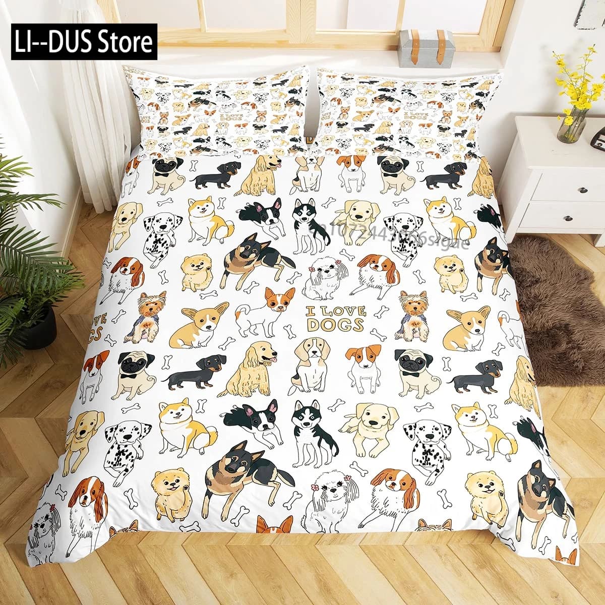 Sfondo di cuori di cartone animato Little Corgi, set di biancheria da letto per amanti dei cani, fodera trapuntata decorativa da 3 pezzi con 2 federe per cuscino, Queen Full Size