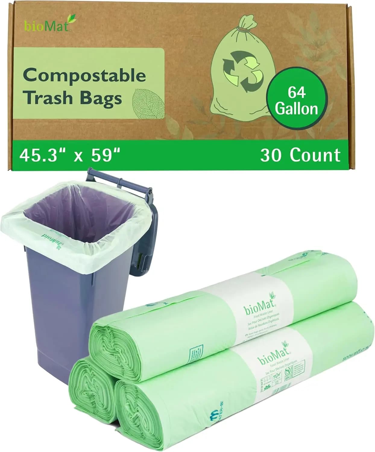 Fodere compostabili da 64 galloni, 30 buste extra-large per contenitori, soluzione ecologica certificata per rifiuti alimentari