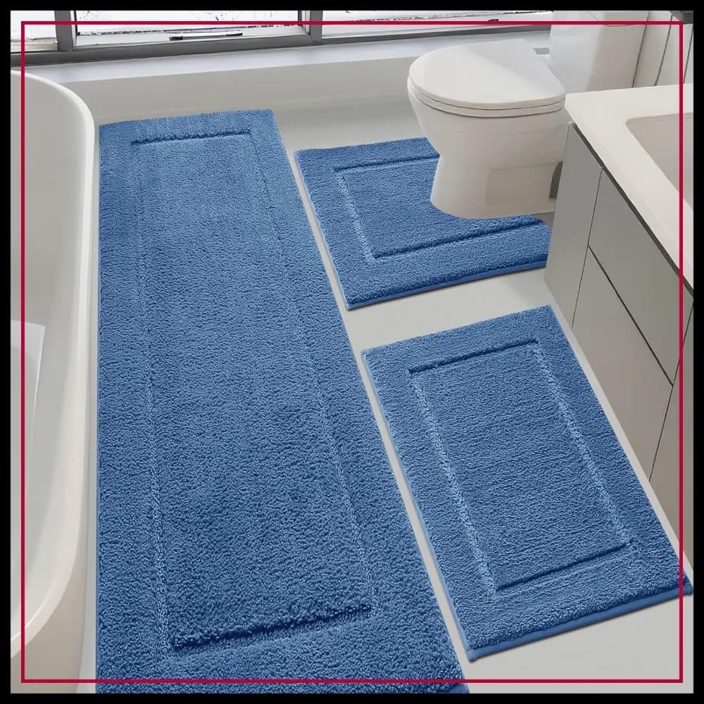 Set di 3 Tappetini da Bagno Ultra Morbidi e Spessi, in Microfibra Assorbente, con Base Antiscivolo, Lavabili in Lavatrice, per Pavimento del Bagno, Blu