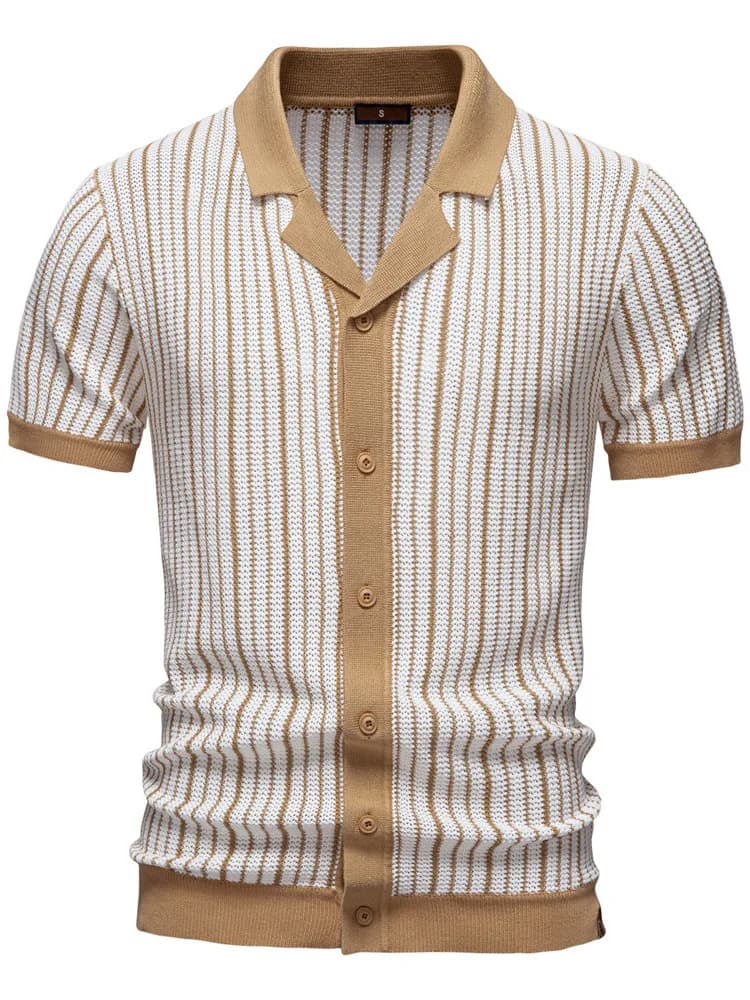 Men's Summer New Style Cross-Border Short Sleeve Knitted Striped Fashion Business T-Shirt Standard Fit Bright Thread Fle...