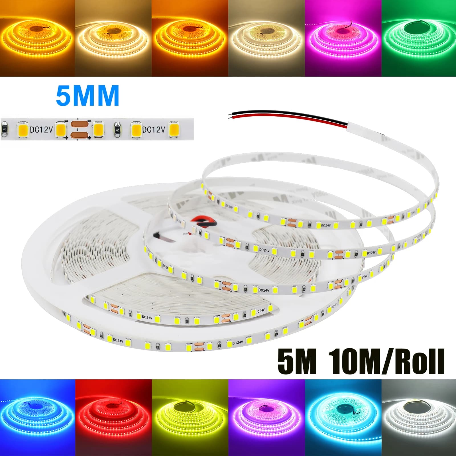 DC 12V 24V 2835 120LED/M Striscia LED Bianco/Verde/Rosso/Blu/Rosa/Giallo/Blu ghiaccio IP21 Nastro flessibile a nastro Luce 5M 10M/Rotolo