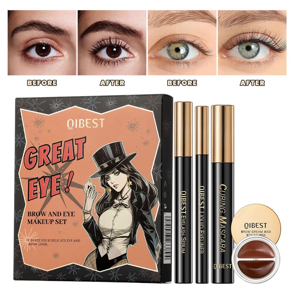 QIBEST 4 pieces set makeup for eyes and eyebrows black serum mascara for eyelash growth liquid eyeliner cream for eyebrows 4 cosmetic styles for eyes