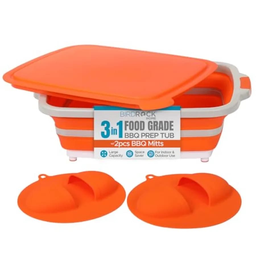 Collapsible Large BBQ Prep Tub w/Cutting Board Multi-Function Grill Caddy w/Colander and Lid Portable Silicone Dish Bowl for Pi