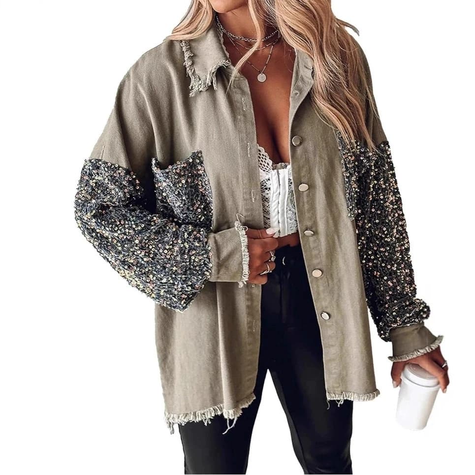 giacca di jeans con paillettes a maniche lunghe da donna primavera autunno 2025 nuove donne Splicing laple cappotto di jeans da donna giacca slim outwear